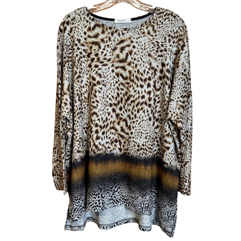 Jess‎ & Jane Large Safari Tunic Top NWT Animal Print Long Sleeve Made in USA